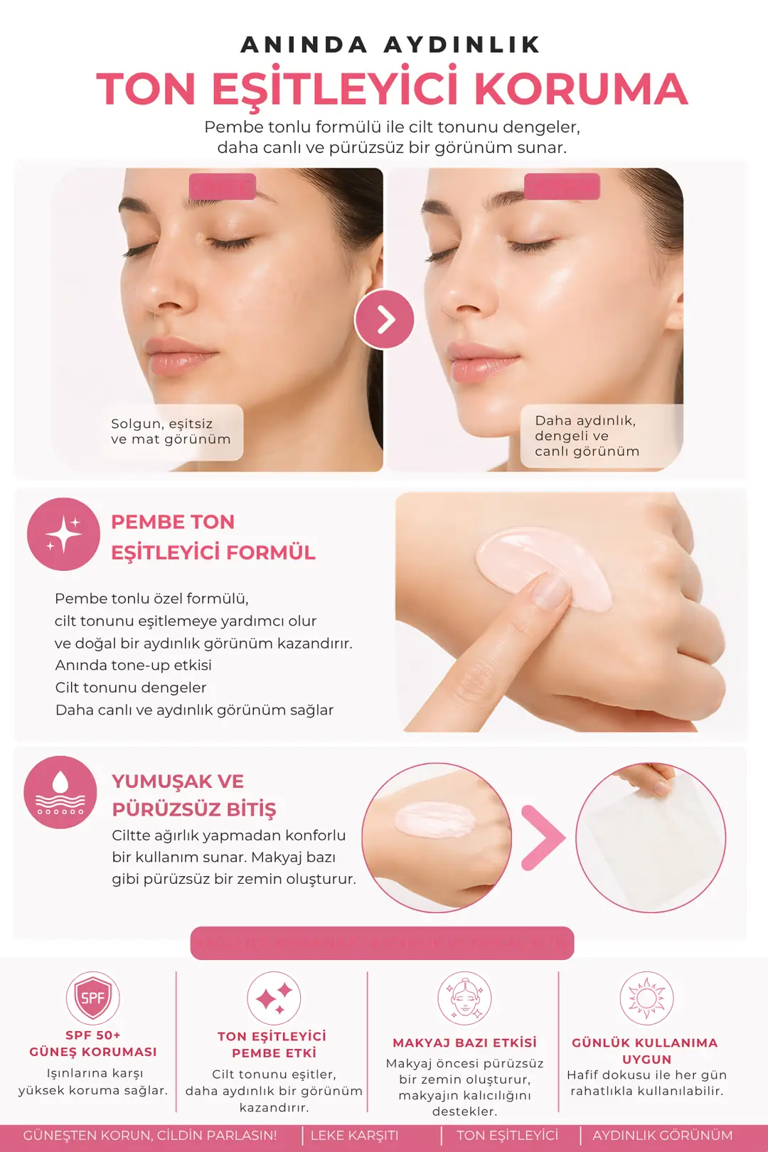 Leke Karşıtı Ton Eşitleyen Spf 50+ Pembe Renkli Güneş Kremi
