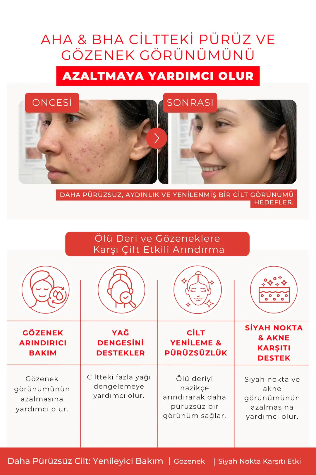 AHA + BHA Facial Toner Cilt Tonu Eşitleyici, Canlandırıcı, Yenileyici Tonik